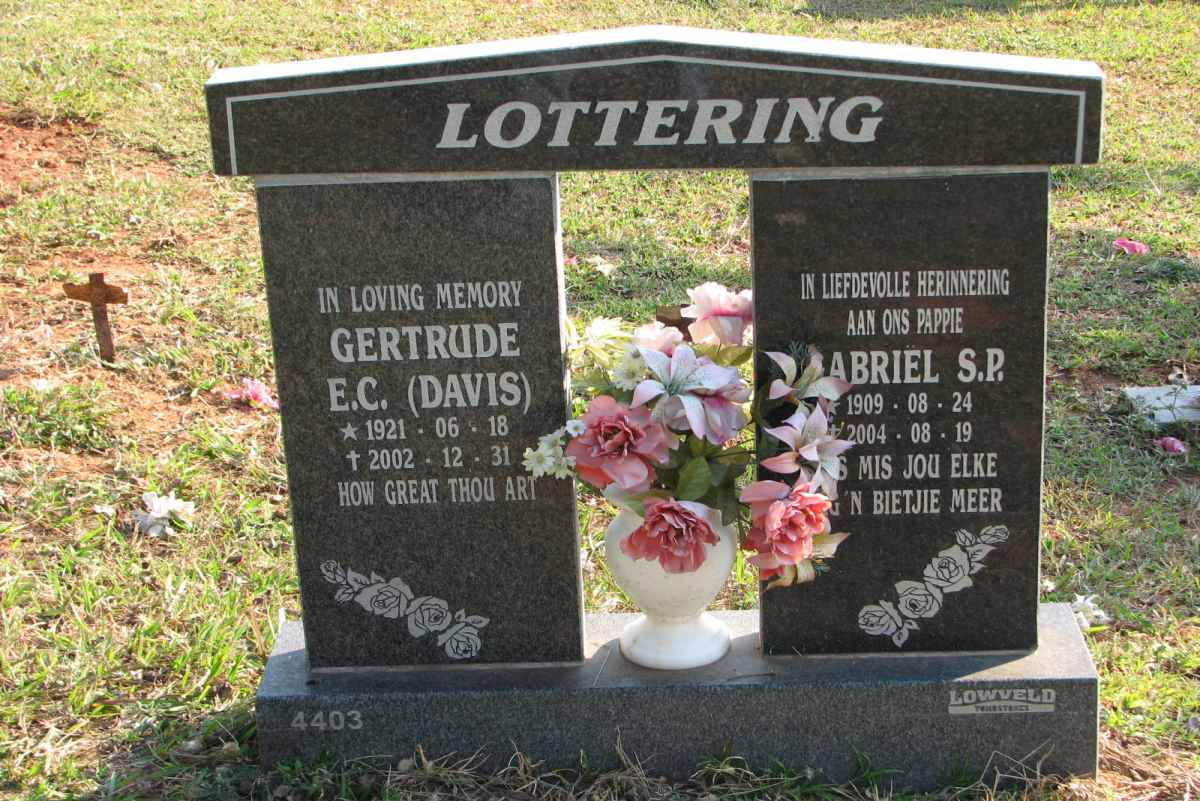 LOTTERING Gabriel S.P. 1909-2004 &amp; Gertrude E.C. DAVIS 1921-2002