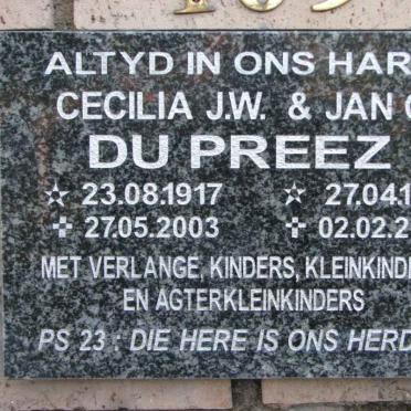 PREEZ Jan G., du 1916-2008 &amp; Cecilia J.W. 1917-2003