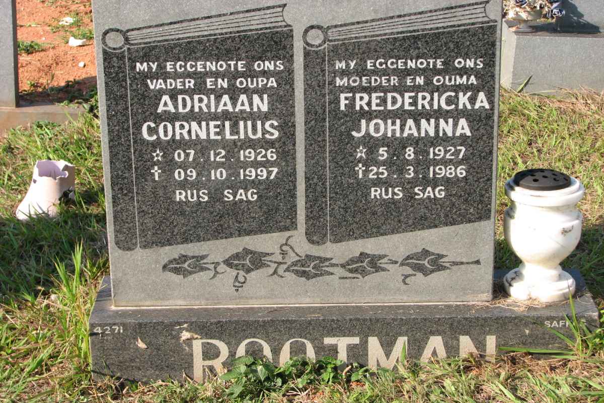 ROOTMAN Adriaan Cornelius 1926-1997 &amp; Fredericka Johanna 1927-1986
