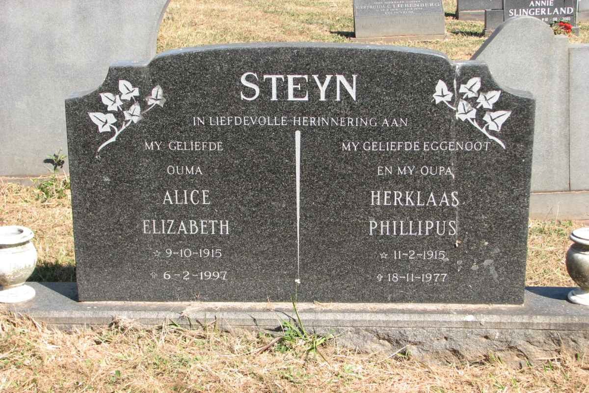 STEYN Herklaas Phillipus 1915-1977 &amp; Alice Elizabeth 1915-1997