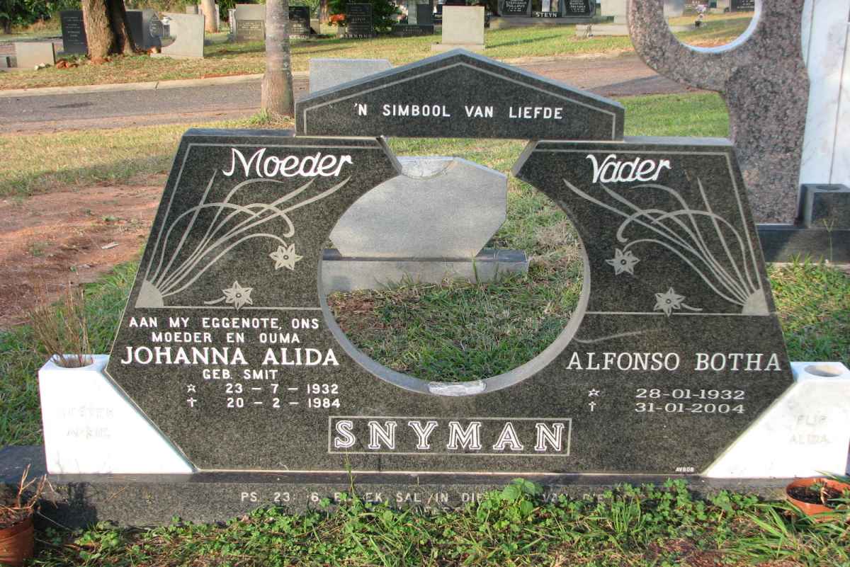 SNYMAN Alfonso Botha 1932-2004 &amp; Johanna Alida SMIT 1932-1984