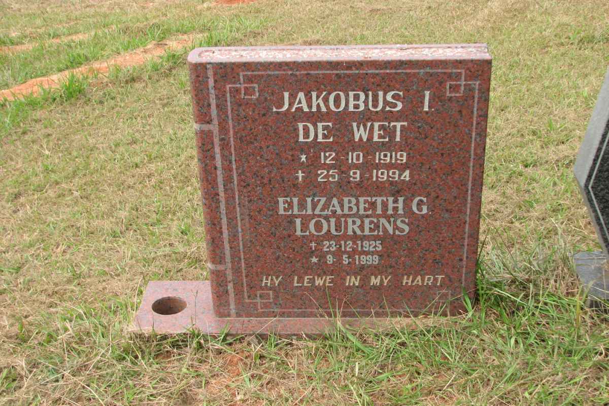WET Jacobus I.,de 1919-1994 &amp; Elizabeth G. LOURENS 1925-1999