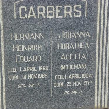 GARBERS Hermann Heinrich Eduard 1898-1968 &amp; Johanna Dorathea Aletta MOOLMAN 1904-1977