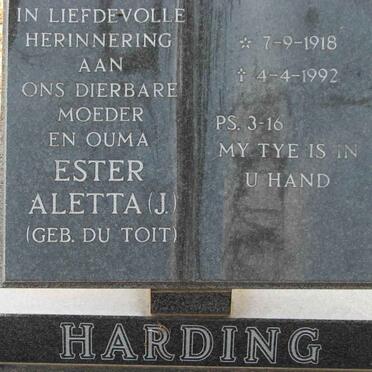 HARDING Ester Aletta J. nee DU TOIT 1918-1992
