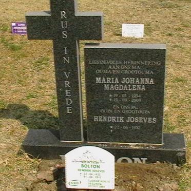 BOLTON Hendrik Joseves 1932-2012 &amp; Maria Johanna Magdalena 1934-2009