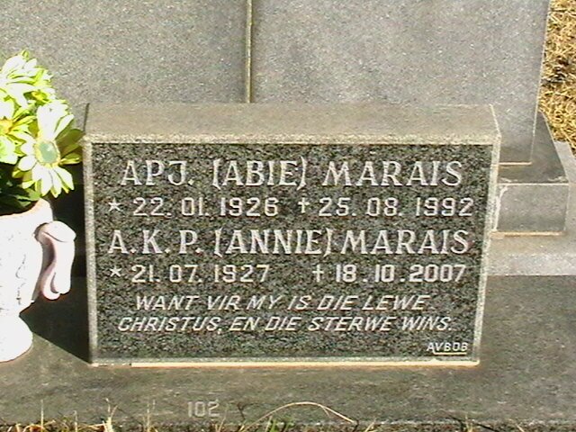 MARAIS A.P.J. 1926-1992 &amp; A.K.P. 1927-2007