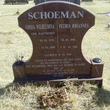 SCHOEMAN Petrus Johannes 1918-2001 &amp; Sophia Wilhelmina MATTHYSEN 1925-2000