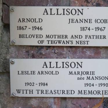 ALLISON Arnold 1867-1946 &amp; Jeanne 1874-1967 :: ALLISON Leslie Arnold 1902-1984 &amp; Marjorie MANSON 1904-1990