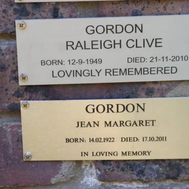GORDON Raleigh Clive 1949-2010 :: GORDON Jean Margaret 1922-2011