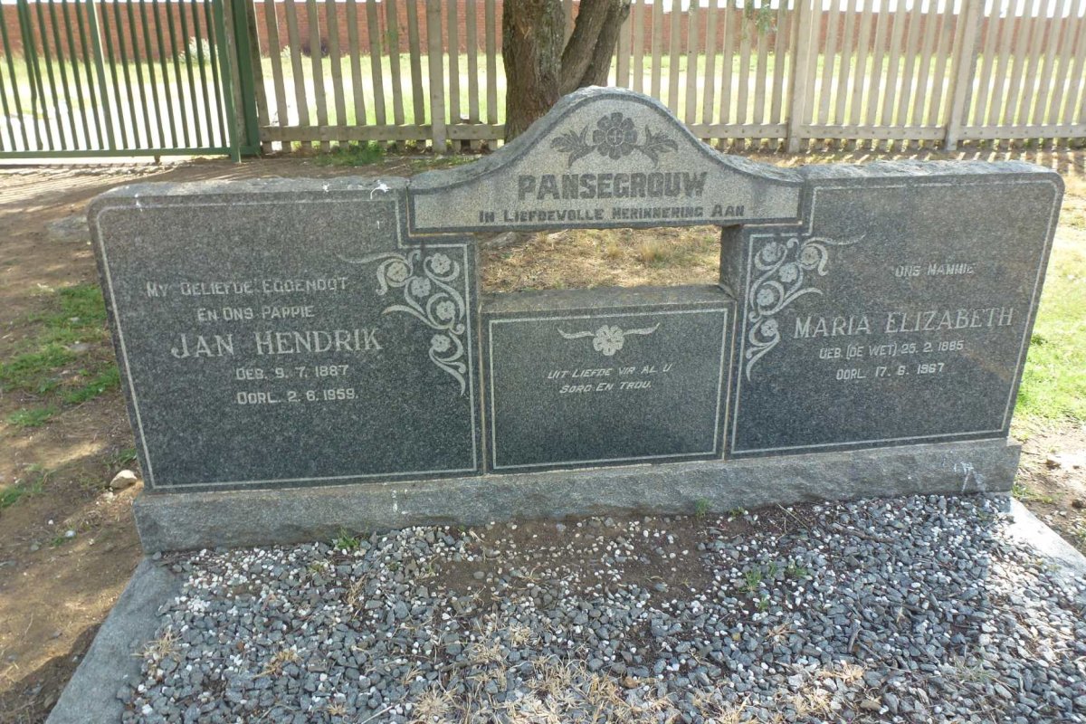 PANSEGROUW Jan Hendrik 1887-1959 & Maria Elizabeth DE WET 1885-1967