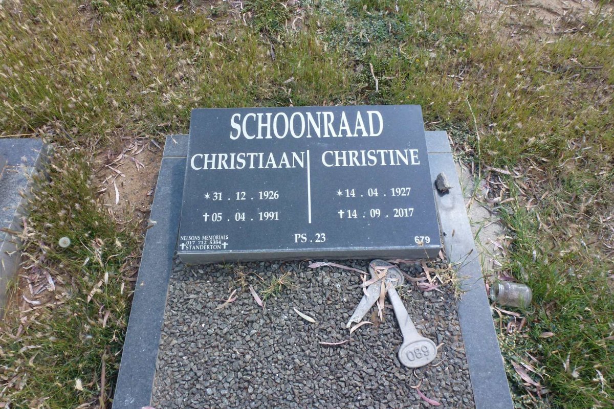 SCHOONRAAD Christiaan 1926-1991 & Christine 1927-2017