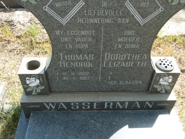 WASSERMAN Thomas Hendrik 1922-1987 &amp; Dorothea Elizabeth CLAASSEN