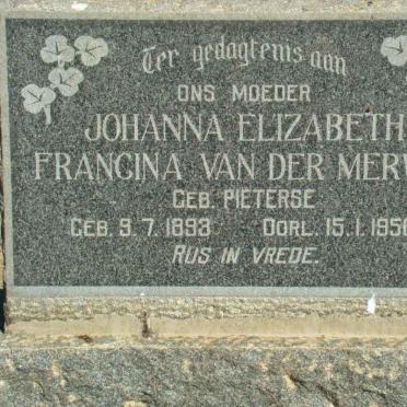 MERWE Johanna Elizabeth Francina, van der nee PIETERSE 1893-1956