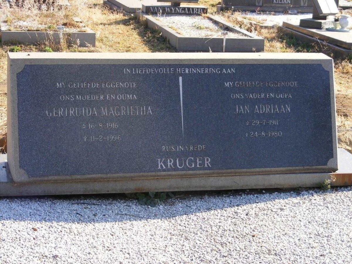 KRUGER Jan Adriaan 1911-1980 &amp; Gertruida Magrietha 1916-1996