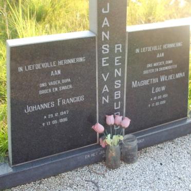RENSBURG Johannes Francois, Janse van 1947-1996 &amp; Magrietha Wilhelmina LOUW 1951-1996