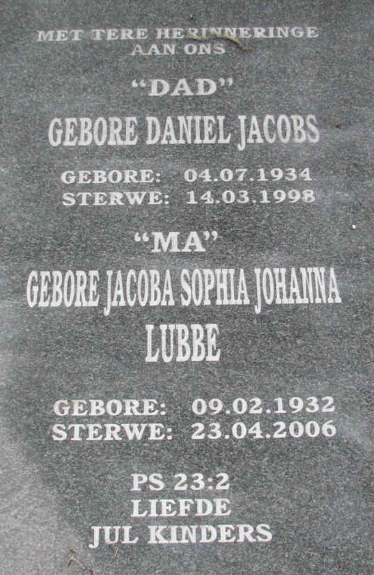 JACOBS Daniel 1934-1998 &amp; Jacoba Sophia Johanna LUBBE 1932-2006