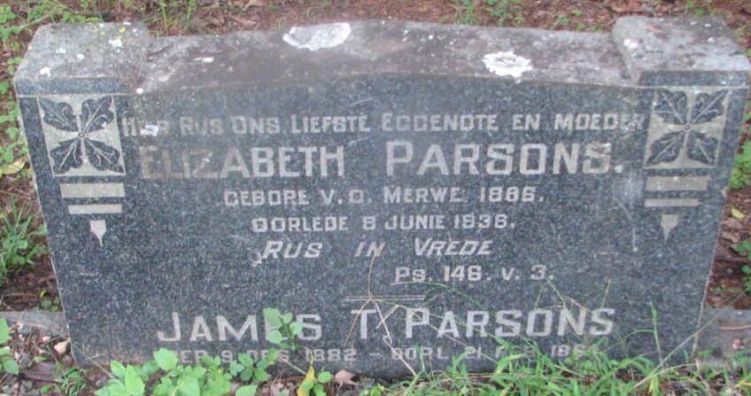 PARSONS James T. 1882-1964 &amp; Elizabeth v.d. MERWE 1886-1936
