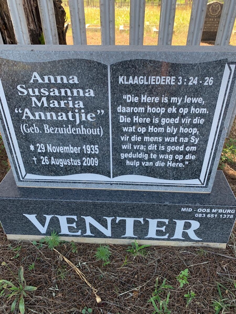 VENTER Anna Susanna Maria nee BEZUIDENHOUT 1935-2009