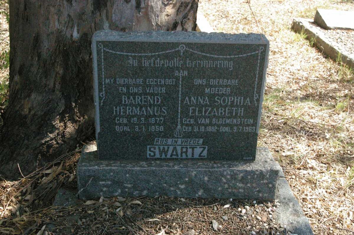 SWARTZ Barend Hermanus 1877-1958 &amp; Anna Sophia Elizabeth VAN BLOEMENSTEIN 1882-1963