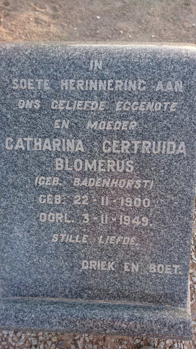 BLOMERUS Catharina Gertruida nee BADENHORST 1900-1949