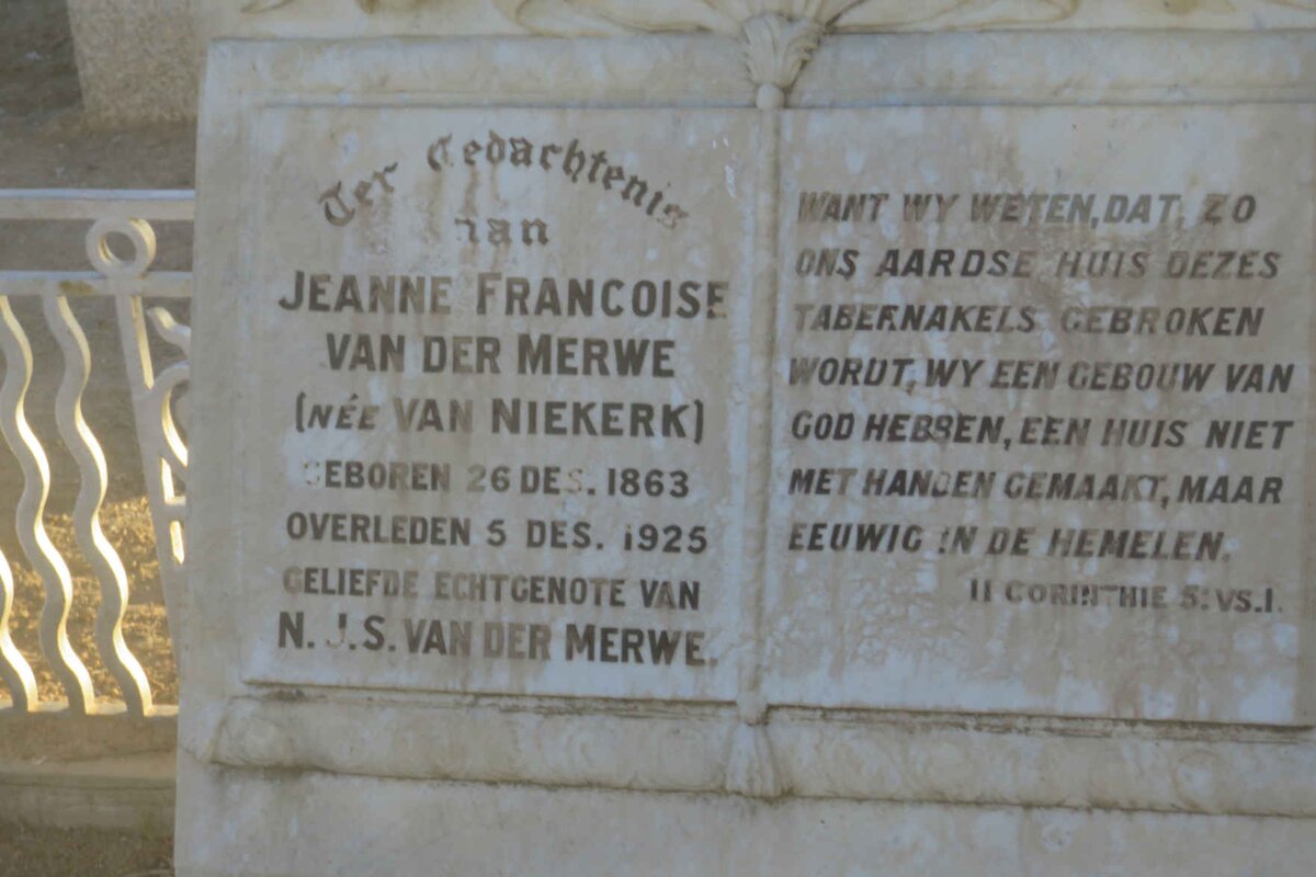 MERWE Nicolaas J.S., v.d. 1862-1934 &amp; Jeanne Francoise VAN NIEKERK 1863-1925