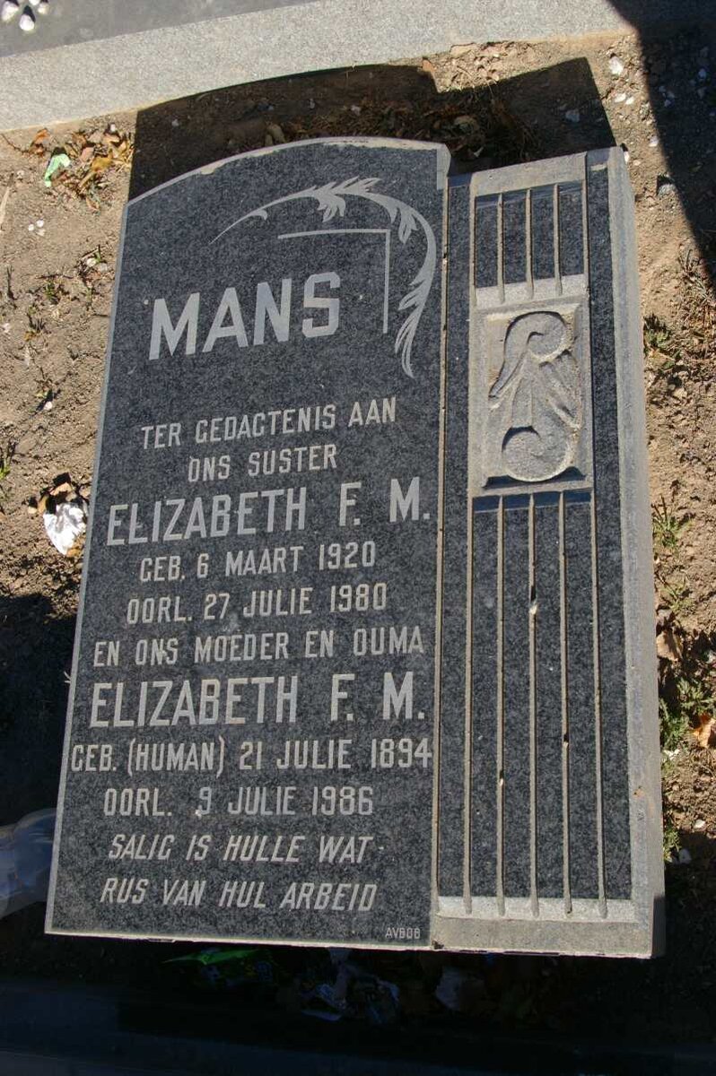 MANS Elizabeth F.M. nee HUMAN 1894-1986 :: MANS Elizabeth F.M. 1920-1980