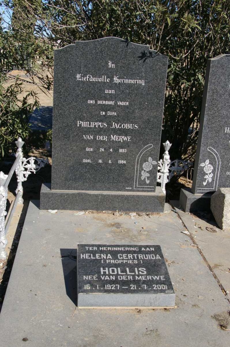 MERWE Philippus Jacobus 1893-1984 :: HOLLIS Helena Gertruida nee VAN DER MERWE 1927-2001