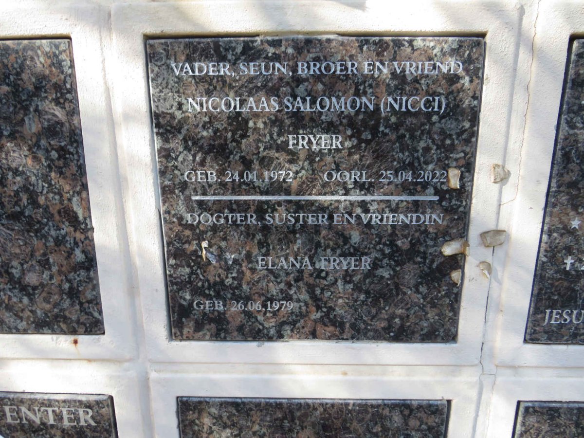 FRYER Nicolaas Salomon 1972-2022 & Elana 1979-