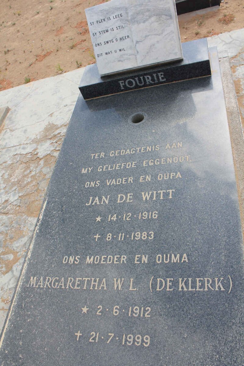 FOURIE Jan De Witt 1916-1983 &amp; Margaretha W.L. DE KLERK 1912-1999