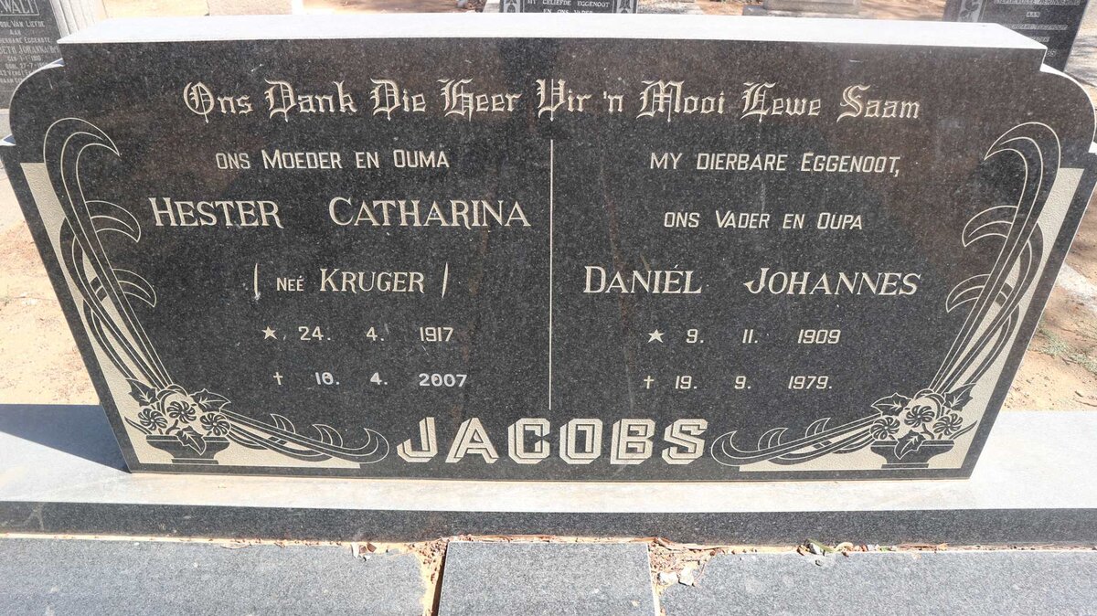 JACOBS Daniel Johannes 1909-1979 &amp; Hester Catharina KRUGER 1917-2007