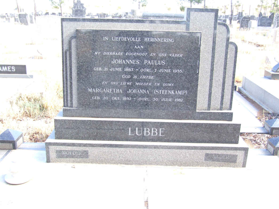 LUBBE Johannes Paulus 1883-1955 &amp; Margaretha Johanna nee STEENKAMP 1892-1982