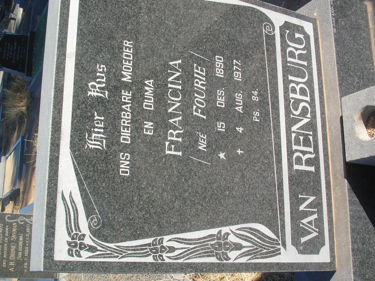 RENSBURG Francina, van nee FOURIE 1890-1977