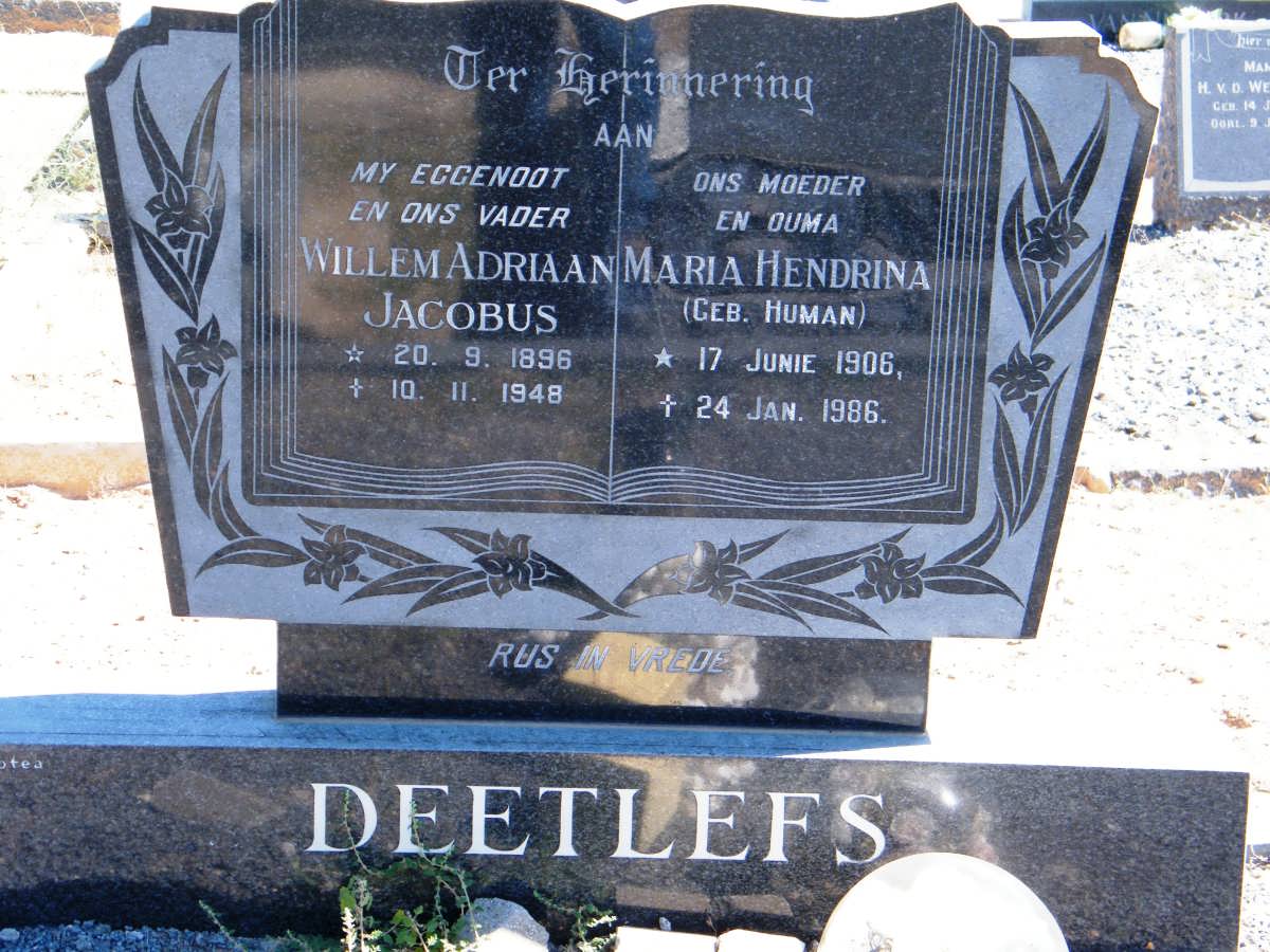 DEETLEFS Willem Adriaan Jacobus 1896-1948 &amp; Maria Hendrina HUMAN 1906-1986