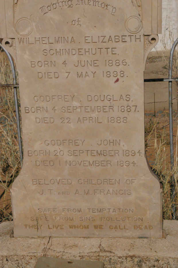 FRANCIS Wilhelmina Elizabeth Schindehutte 1886-1898 :: FRANCIS Godfrey Douglas 1887-1888 :: FRANCIS Godfrey John 1894-1894