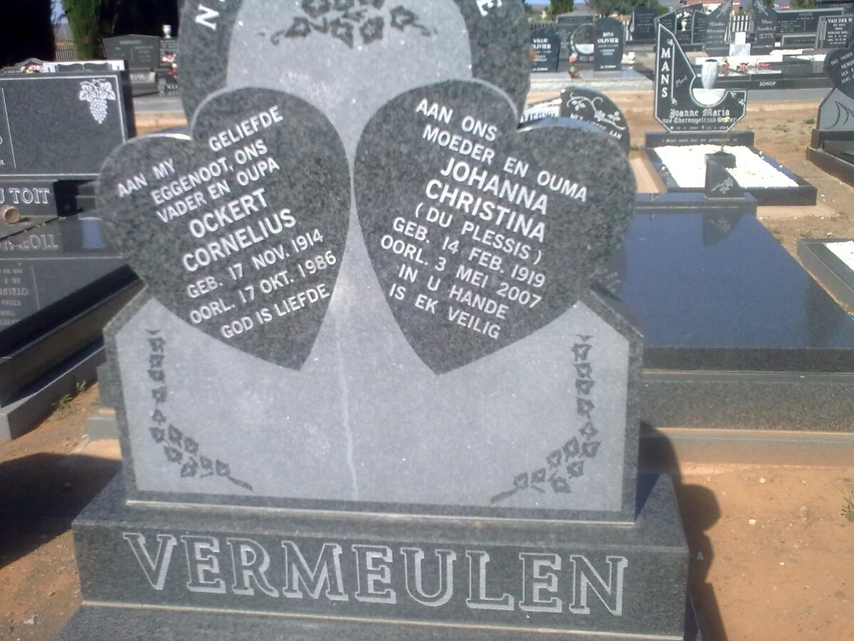 VERMEULEN Ockert Cornelius 1914-1986 &amp; Johanna Christina DU PLESSIS 1919-2007
