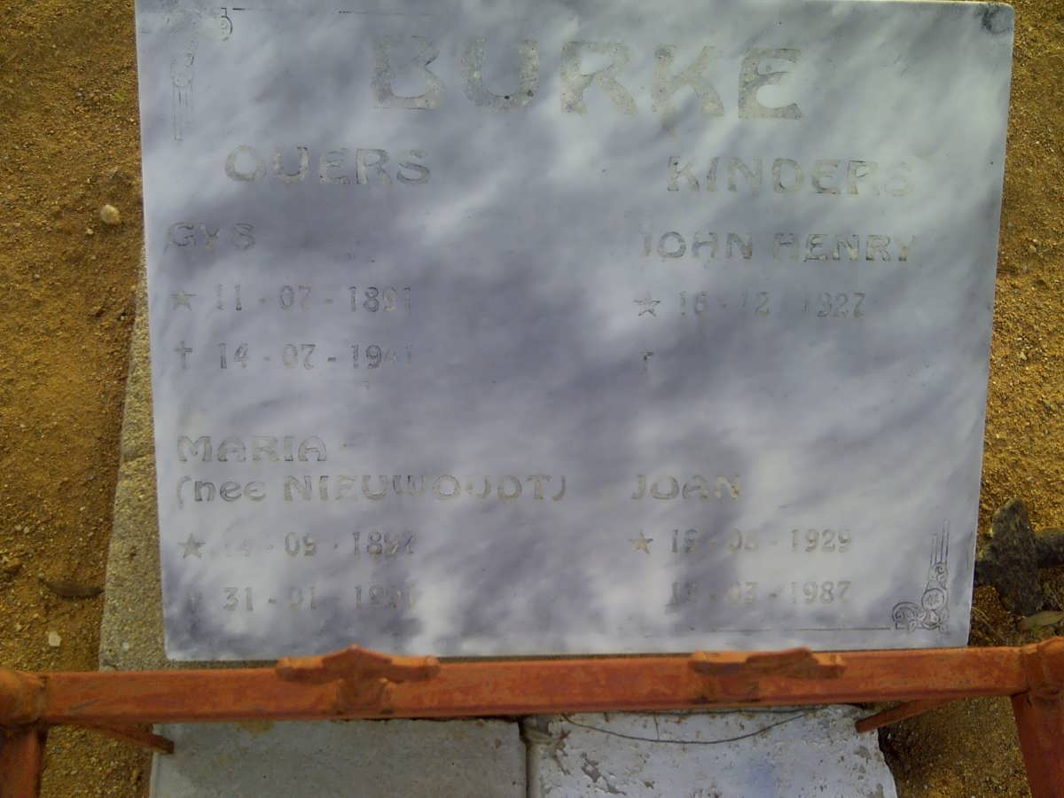 BURKE Gys 1891-1941 &amp; Maria NIEUWOUDT 1892-1991 :: BURKE John Henry 1927- :: BURKE Joan 1929-1987