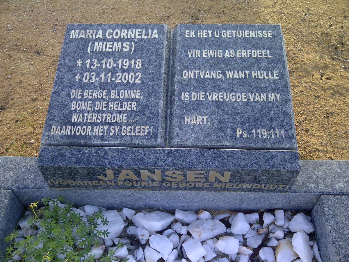 JANSEN Maria Cornelia formerly FOURIE nee NIEUWOUDT 1918-2002
