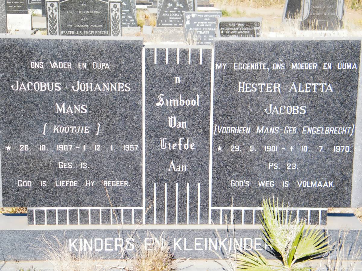 MANS Jacobus Johannes 1907-1957 &amp; Hester Aletta JACOBS formely MANS nee ENGELBRECHT 1901-1970