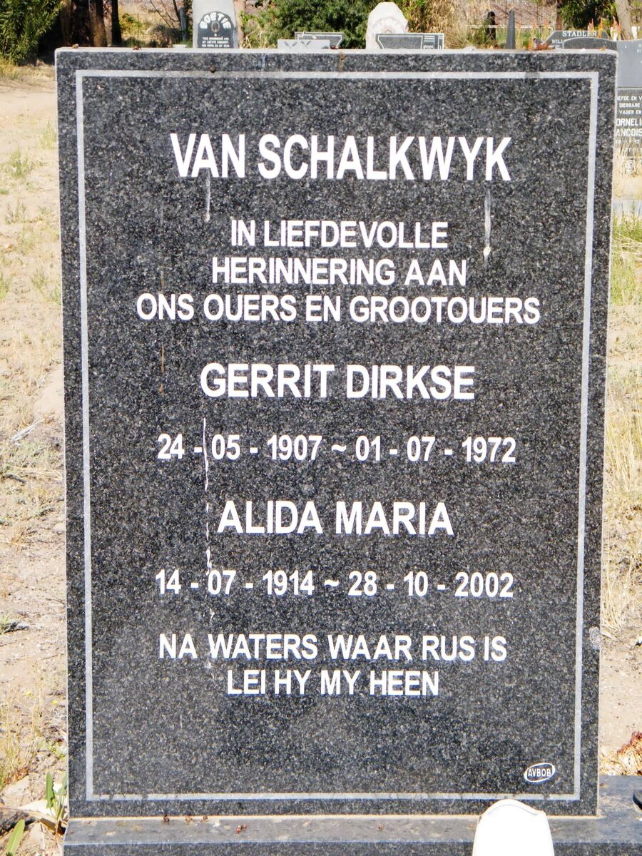 SCHALKWYK Gerrit Dirkse, van 1907-1972 &amp; Alida Maria 1914-2002