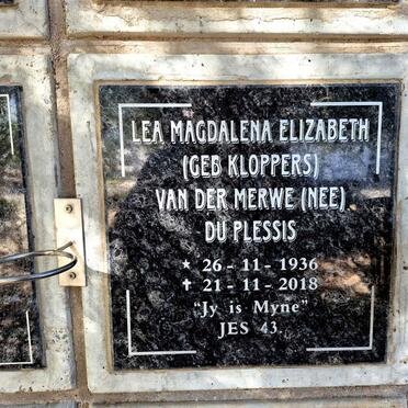 PLESSIS Lea Magdalena Elizabeth, du voorheen VAN DER MERWE, nee KLOPPERS 1936-2018