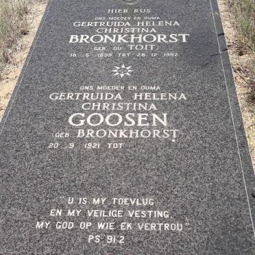 BRONKHORST Gertruida Helena Christina nee DU TOIT 1899-1992 :: GOOSEN Gertruida Helena Christina nee BRONKHORST 1921-
