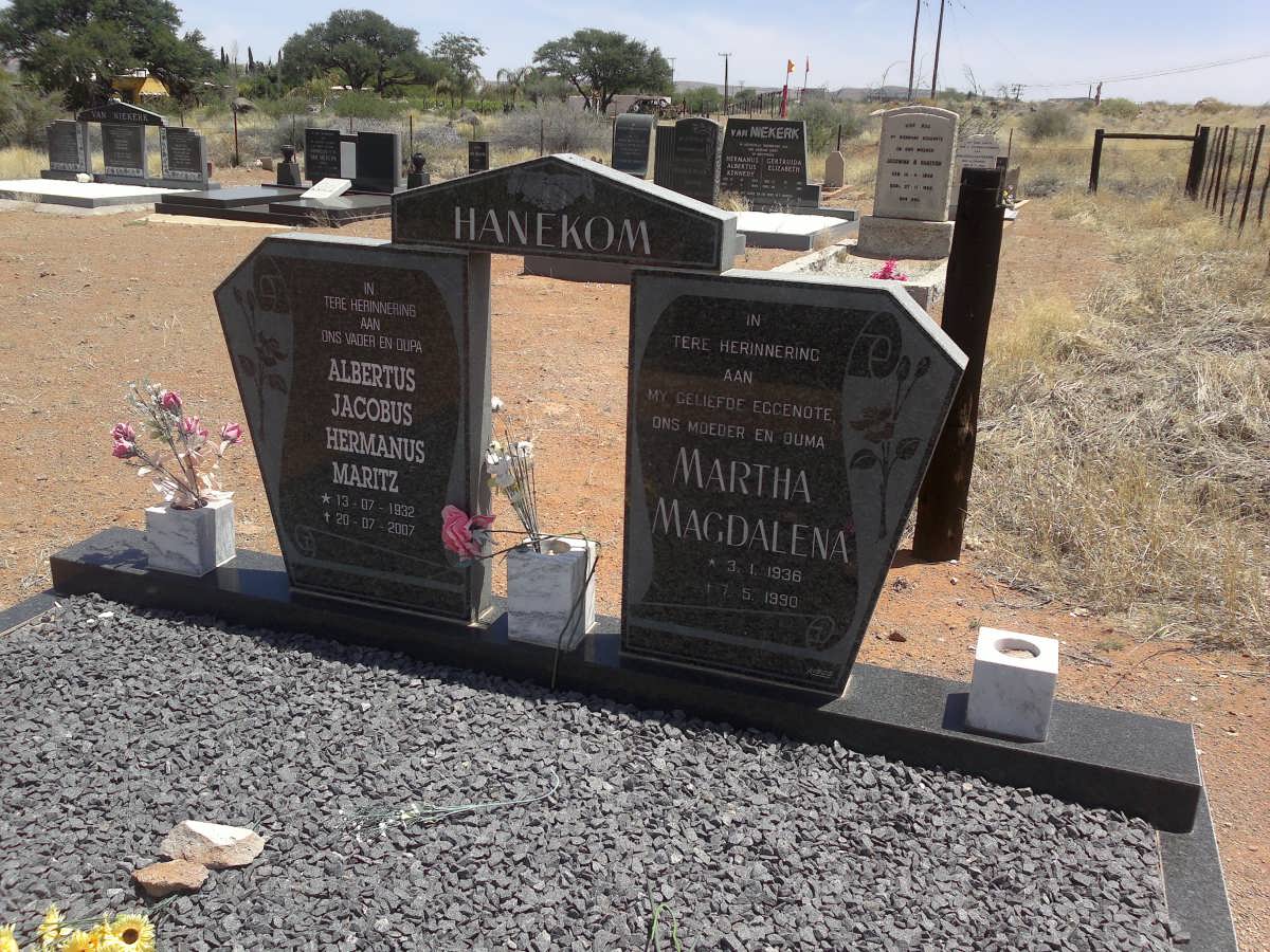 HANEKOM Albertus Jacobus Hermanus Maritz 1932-2007 &amp; Martha Magdalena 1936-1990