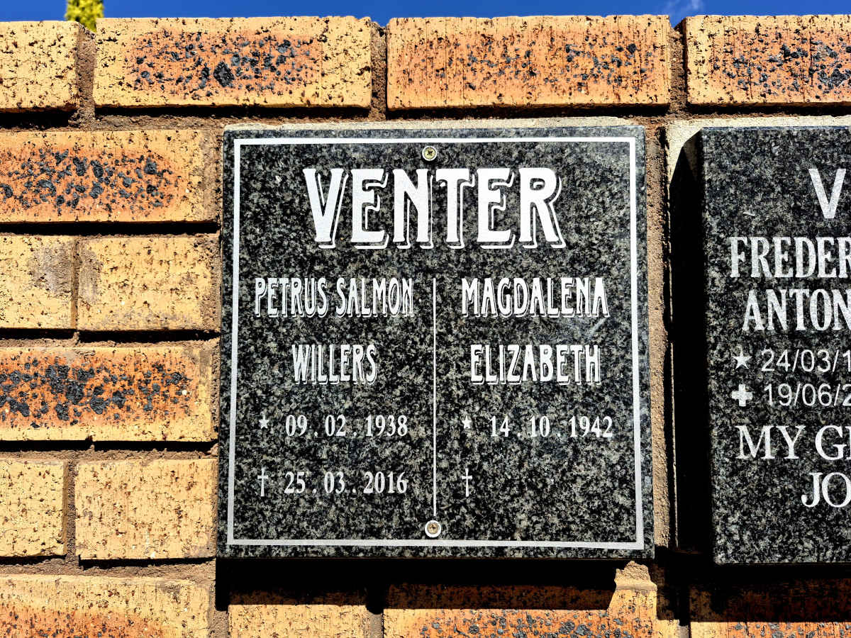 VENTER Petrus Salmon Willers 1938-2016 & Magdalena Elizabeth 1942-