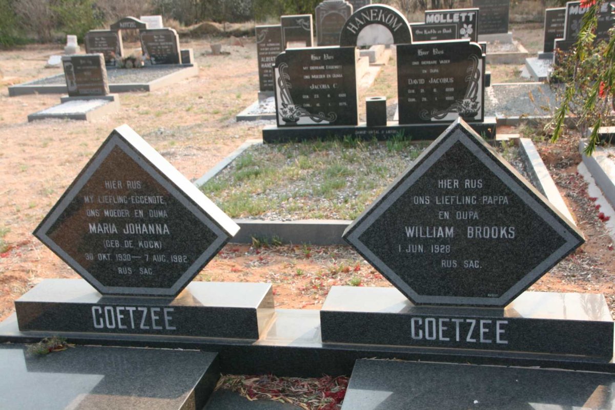 COETZEE William Brooks 1928- &amp; Maria Johanna DE KOCK 1930-1982