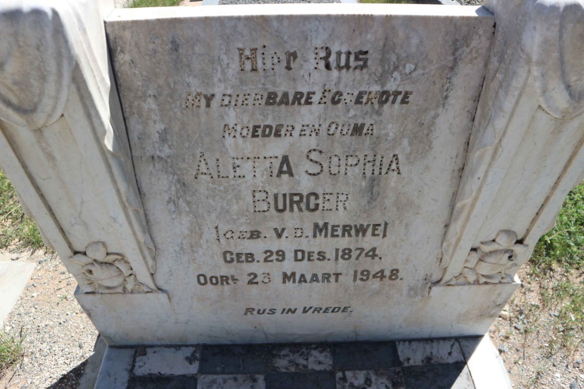 BURGER Aletta Sophia nee V.D. MERWE 1874-1948
