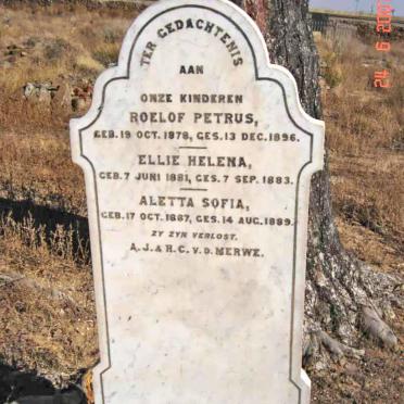 MERWE Roelof Petrus, van der 1878-1896 :: MERWE Ellie Helena, van der 1881-1883 :: MERWE Aletta Sofia, van der 1887-1889