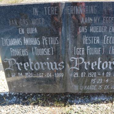 PRETORIUS Zacharias Andrias Petrus Francois 1926-1999 &amp; Hester Cecillia FOURIE 1920-1994
