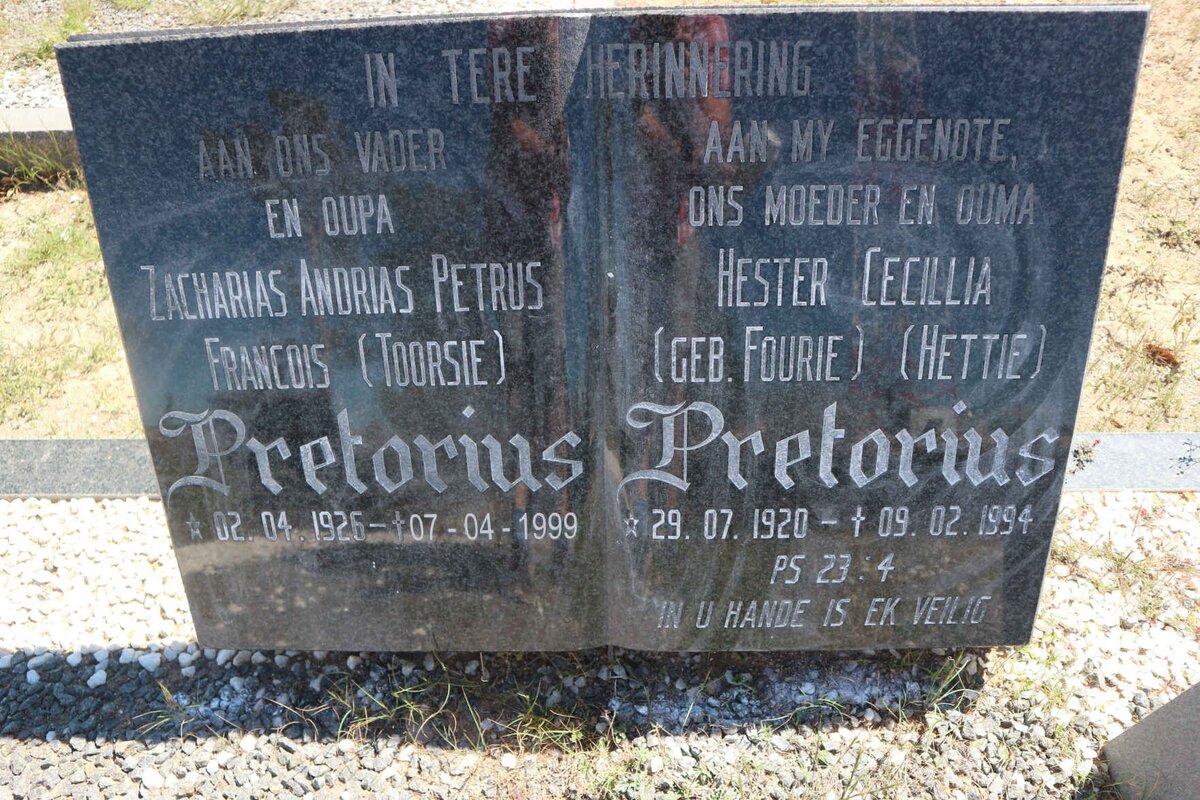 PRETORIUS Zacharias Andrias Petrus Francois 1926-1999 &amp; Hester Cecillia FOURIE 1920-1994
