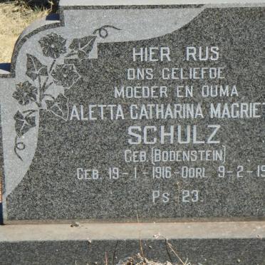SCHULZ Aletta Catharina Magrietha nee BODENSTEIN 1916-1991