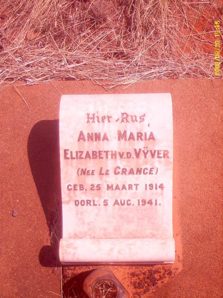 VYVER Anna Maria Elizabeth, v.d. nee LE GRANGE 1914-1941